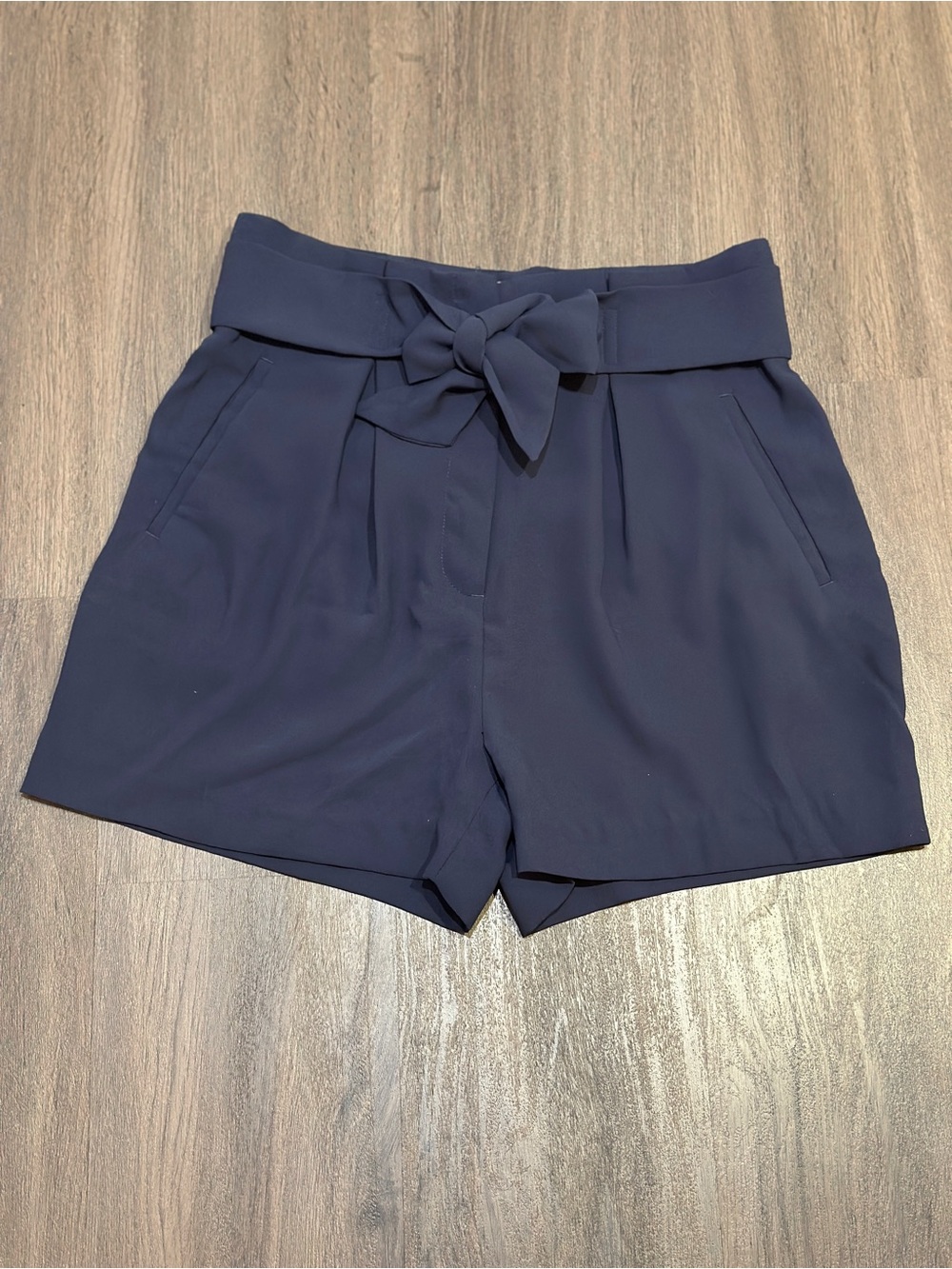 Navy Blue Paperbag Waist Tie Front Shorts High Rise Workwear